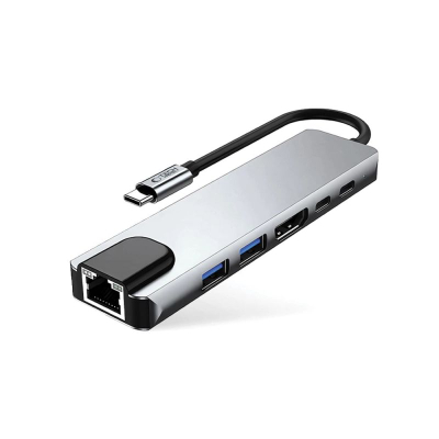 Адаптер USB C Tech-Protect HB02, хаб 6 во 1, HDMI 4K, RJ45, сиво сребрен