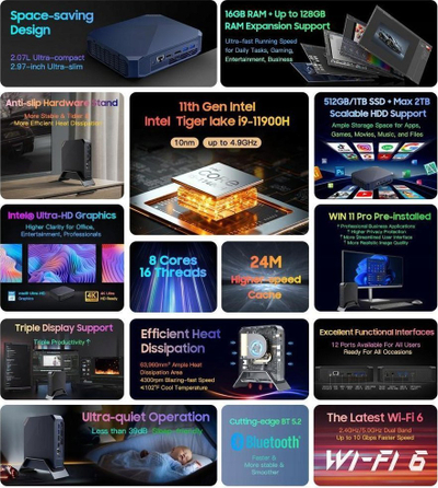Kompjuter mini Blackview MP200, Intel Core i9 11th Gen, 16GB RAM, 512GB SSD, i zi