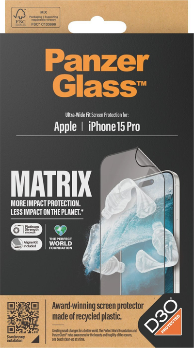 Mbrojtës ekrani PanzerGlass Ultra Wide Fit Matrix, iPhone 15 Pro, xham hibrid, antibakterial, transparent