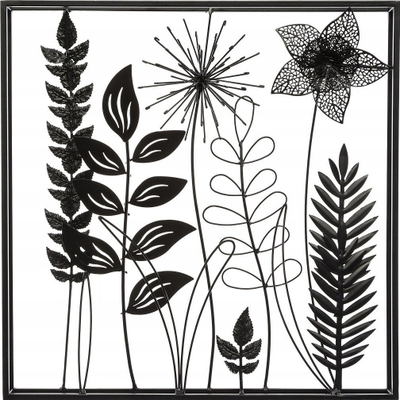 Dekor muri në kornizë Emako Leaves, metal, 40 x 40 cm, i zi