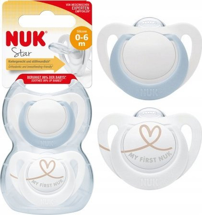 Biberon qetësues NUK Star, silikon, 0–6 muaj, set 2 copë, i bardhë blu