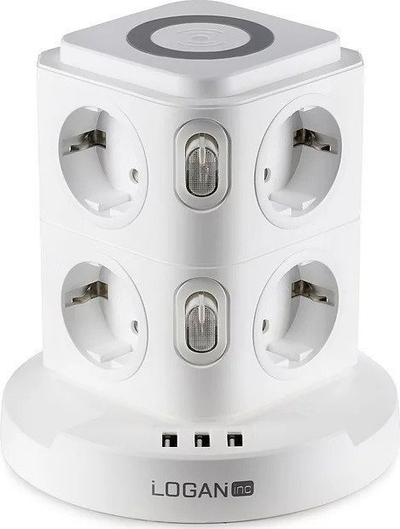 Zgjatës vertikal Logan WS8-2, 8 priza, 3x USB, karikim wireless 5W, i bardhë