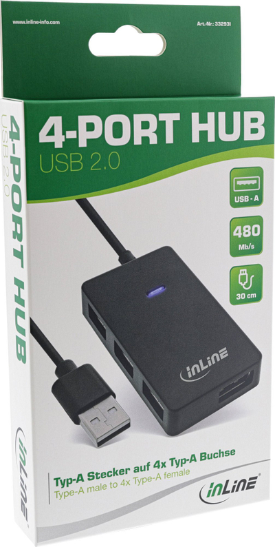 Hub USB InLine 2.0, 4 porta, 30cm, i zi