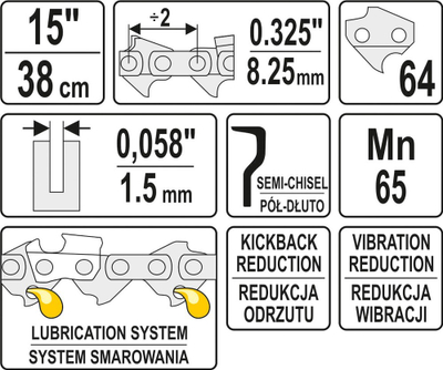 Zinxhiri Yato Saw 15 ", 64 lidhje të përfunduara me 0.325" gjysmë daltë