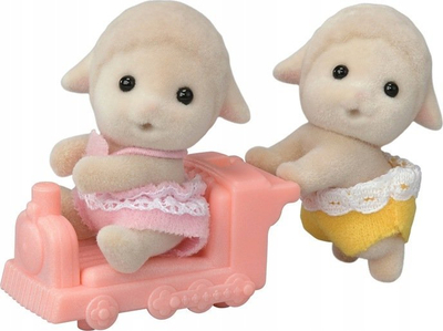 Figurinë lodër Sylvanian Families Sheep Twins, set binjakë qengja, me tren lojrash, shumëngjyrësh
