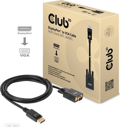 Кабел ДисплејПорт во ВГА Club3D CAC-1012, 2m, 1080p, црн