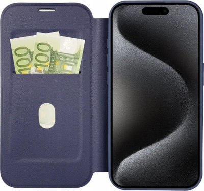 Këllëf flip Smart Mag për iPhone 15, me MagSafe, me xhep për karta, blu