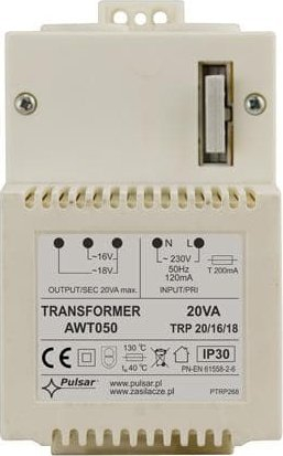 Transformator PULSAR AWT050, 230V AC në 16V 18V AC, 20VA, i bardhë