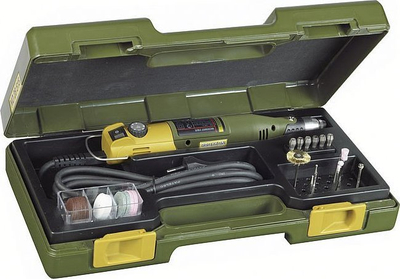 Set freze dhe shpimi Proxxon MM 230/E, motor me shpejtësi të rregullueshme, 34 aksesorë, jeshile