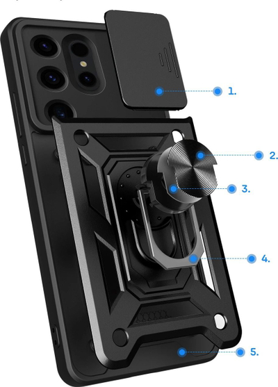 Këllëf telefoni Camshield për Samsung Galaxy S24 Ultra, unazë 360°, kapak kamere, i zi