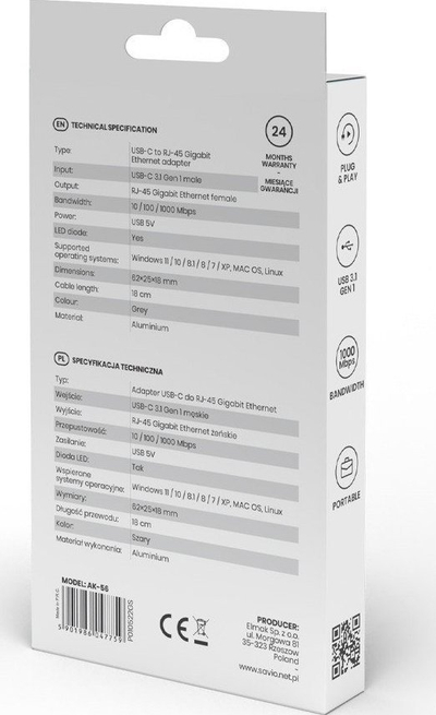 Adapter USB Savio AK-56, USB-C 3.1 Gen 1 në RJ-45 Gigabit Ethernet, gri e errët