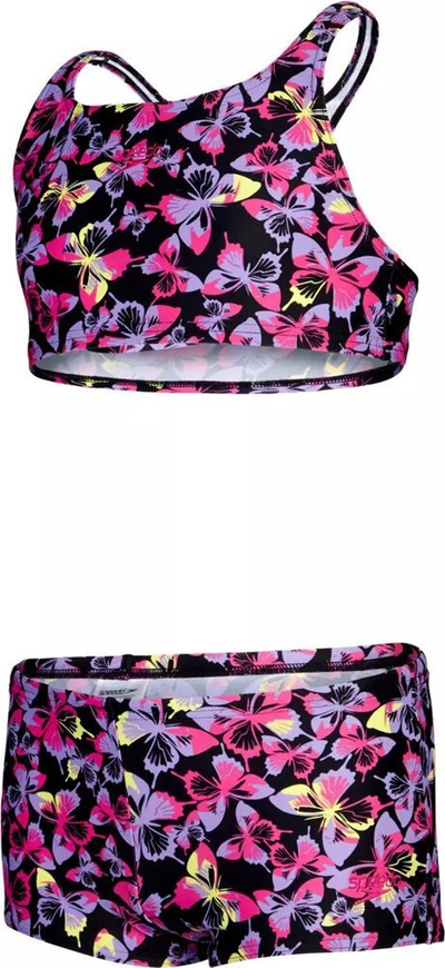Kostum banje për goca Speedo Printed Boyleg Bikini, dy pjesë, me print flutura, i zi rozë