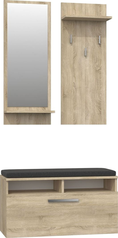 Set korridori Riva Sonoma, pasqyrë dhe varëse, dollap këpucësh me ulëse, sonoma oak