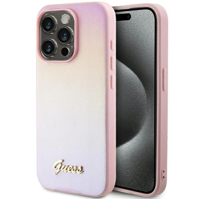 Case telefoni Guess Saffiano Iridescent Script për iPhone 15 Pro Max, gradient, rozë pastel