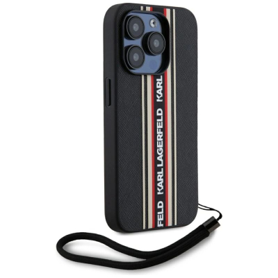 Капак за телефон Karl Lagerfeld Saffiano Athleisure Stripes Cord, за iPhone 15 Pro, со лента, црн
