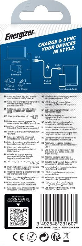 Kabllo karikimi Energizer me gërsheta, USB në USB C, e fortë, e kuqe