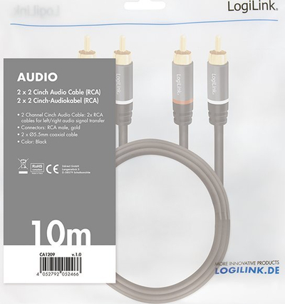 Kabllo audio LogiLink CA1209, RCA 2x2, 10m, e zezë