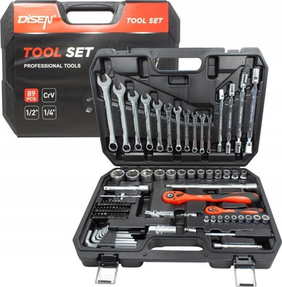 Set veglash DISEN 1089, 89 copa, 1/4" dhe 1/2", në kuti plastike