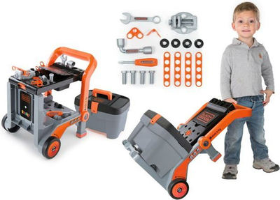 Punëtori loje Smoby Black and Decker Workmate, set veglash 3 në 1, me karrocë dhe kuti veglash, portokalli e zezë