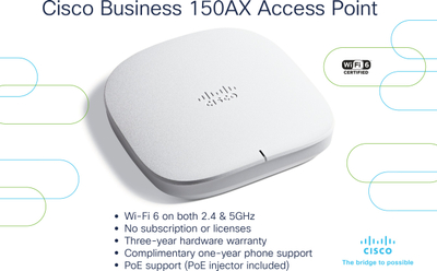 Access point Cisco Business 150AX, Wi-Fi 6, 1x 1GbE, PoE, i bardhë