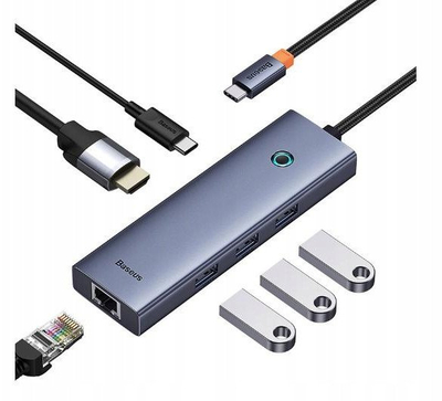 Hub USB C Baseus UltraJoy 6 në 1, HDMI 4K, 3x USB 3.0, RJ45, 100W PD, gri
