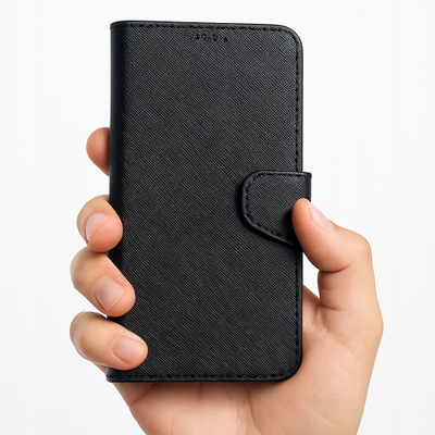 Këllëf libër OEM Fancy për Samsung A17 Oppo A17k, lëkurë organike, me magnet, i zi