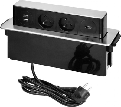 Prizë mobile ORNO me USB dhe HDMI, 2x2P+E, kabllo 2m, e zezë INOX