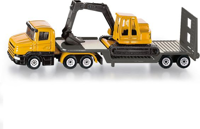 Set lodrash Siku Car Carrier 1611, kamion që çon makina me eskavator, metalik, shumëngjyrësh