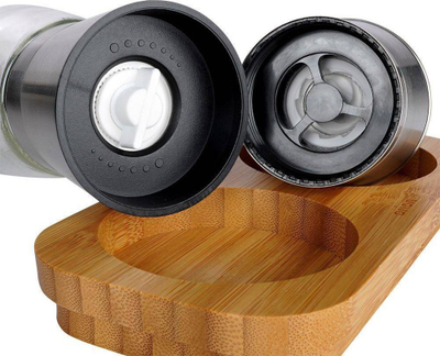 Set mullinjsh për erëza, mekanizëm qeramike, me bazë bambuje, xham dhe çelik inox
