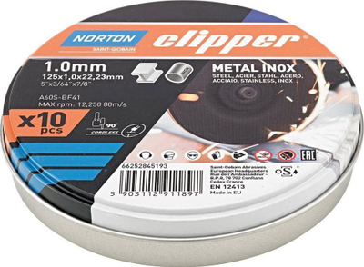 Disk prerës metal inox Norton Clipper A60S, 125mm 1.0mm, set 10 copë, gri