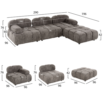 Divan këndor polimorfik Shifter HM6073.02, 290x196cm, tekstil i strukturuar, gri