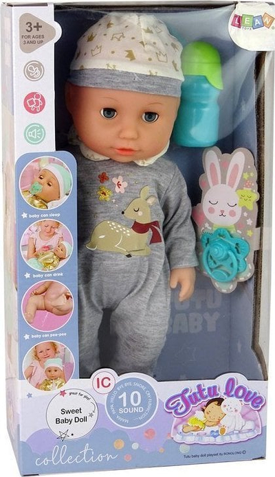 Kukull bebe LeanToys Baby Doll, me zë, me biberon, me pizhama gri
