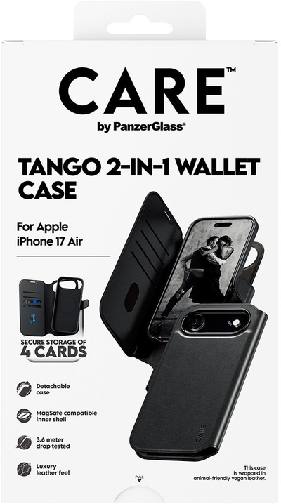 Kapak telefoni PanzerGlass Feature Case Tango, me portofol dy në një, MagSafe, për iPhone Air, i zi