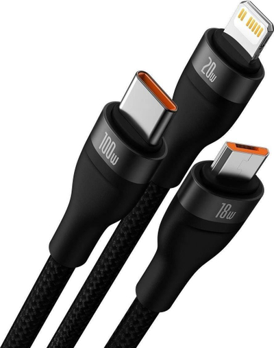 Kabllo karikues Baseus Flash Series II, 3in1 USB C Lightning microUSB, 1.2m 100W, i zi