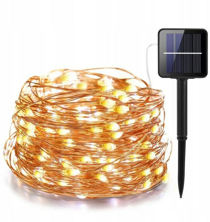 Dritë dekorative diellore me tel, 100 LED, 12 m, 3000K, panel i zi