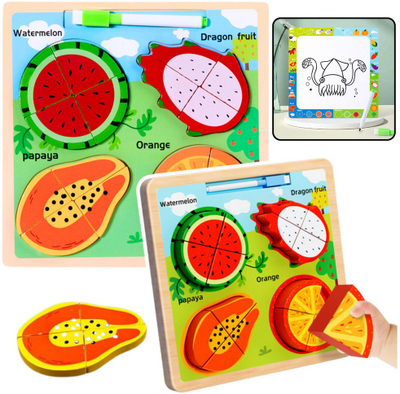 Lodër puzzle druri 2 në 1, edukative me fruta, me tabelë vizatimi, shumëngjyrëshe