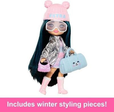 Kukull Barbie Extra Minis Travel, 14cm, me rroba dimri, shumëngjyrëshe
