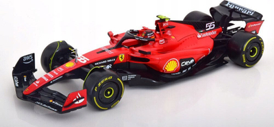 Model makine Bburago Ferrari SF-23 F1 2023 Sainz, shkall 1:18, me helmetë, e kuqe