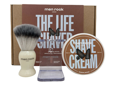 Set rroje Men Rock London Sandalwood, Krem rroje 100g + furçë rroje sintetike + mbajtëse brushash