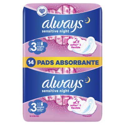 Peceta higjienike Always Sensitive Night S3, 14 copë