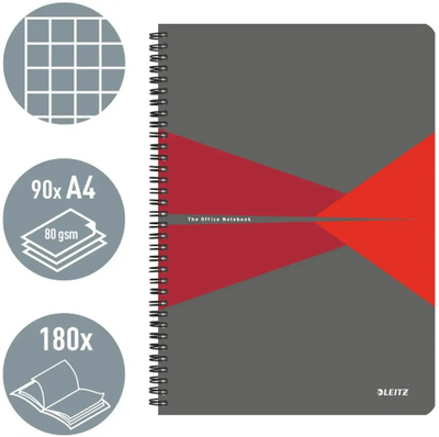Fletore me spirale Leitz Wirebound Notebook Office, A4, faqe me katrore, kapak kartoni, e kuqe