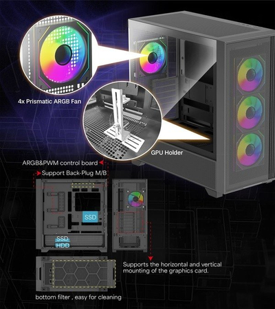 Kullë PC Xilence Xilent Flux X916 ARGB, xham anësor, 4 ventilatorë ARGB, e zezë