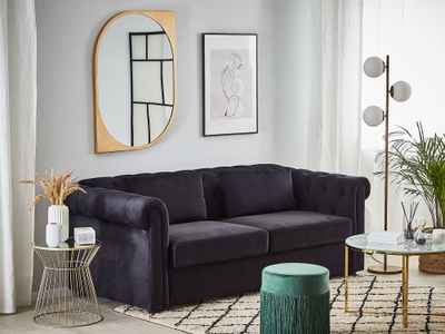 Кревет-диван Beliani Chesterfield од кадифе, 3 седишта, кадифе, црн