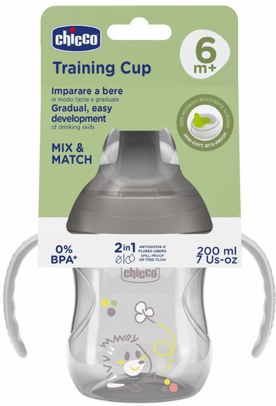 Gotë trajnimi Chicco Training Cup 6m+, 200 ml, me doreza, gri