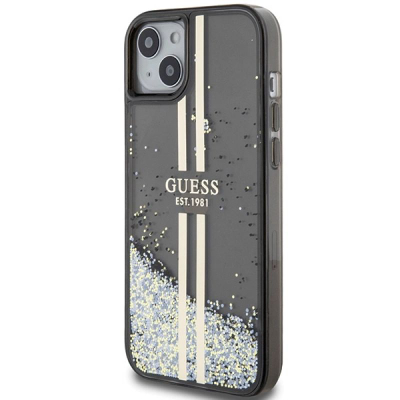 Mbrojtëse telefoni Guess Liquid Glitter Gold Stripes për iPhone 15 Plus 14 Plus, TPU PC, me shkëlqim, e zezë