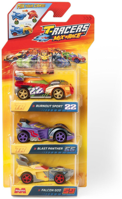 Set lodrash me makina T-Racers Mix 'N Race, 3 copë, pjesë të ndërroshme, shumëngjyrëshe