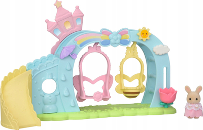 Set lodrash Sylvanian Families 5745 Nursery Swing, playset për shtëpi kukullash, me figurë bebe Milk Rabbit, shumëngjyrësh