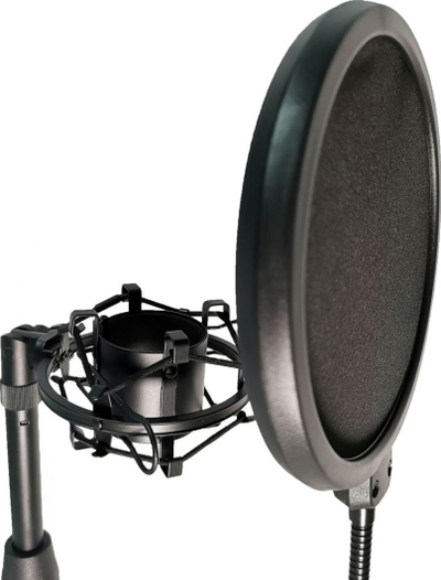 Set mikrofoni Mozos: Bazë për tavolinë, pop filter, rrjetë kundër dridhjeve (MCABLE-XLR-FTM), e zezë