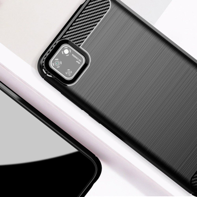 Mbrojtëse telefoni Huawei Y5P Rugged Carbon, gome TPU fleksibel, efekt metalik, e zezë