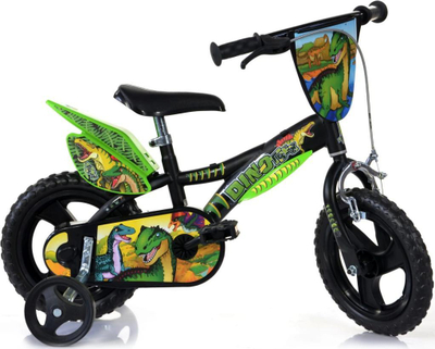Biçikletë fëmijësh Dino Bikes Dinosaur, 12", me rrota ndihmëse, jeshile e zezë